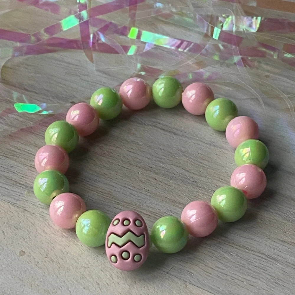 Girls Easter Egg Pastel Beaded Bracelet Pink Green Easter Basket Stacking